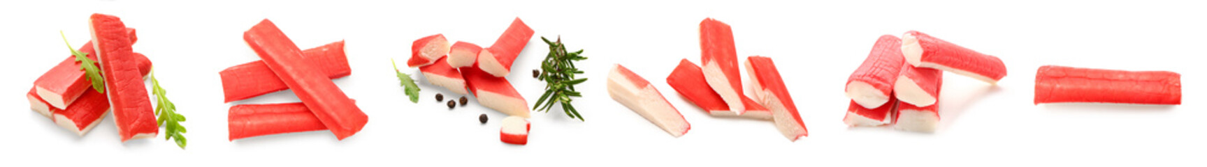 Collage of tasty crab sticks on white background © Pixel-Shot