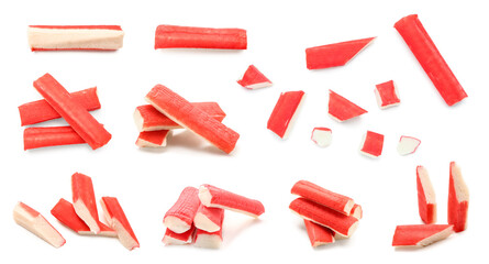 Collage of tasty crab sticks on white background © Pixel-Shot