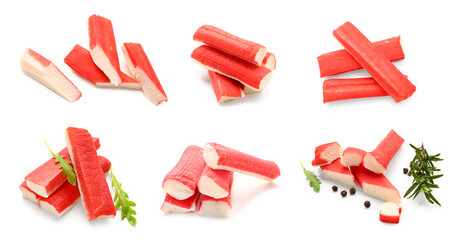 Set of tasty crab sticks on white background © Pixel-Shot