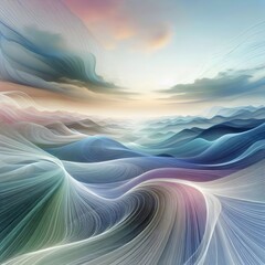 An abstract landscape of swirling lines, clouds, and mountains, creating a dreamlike and ethereal scene.