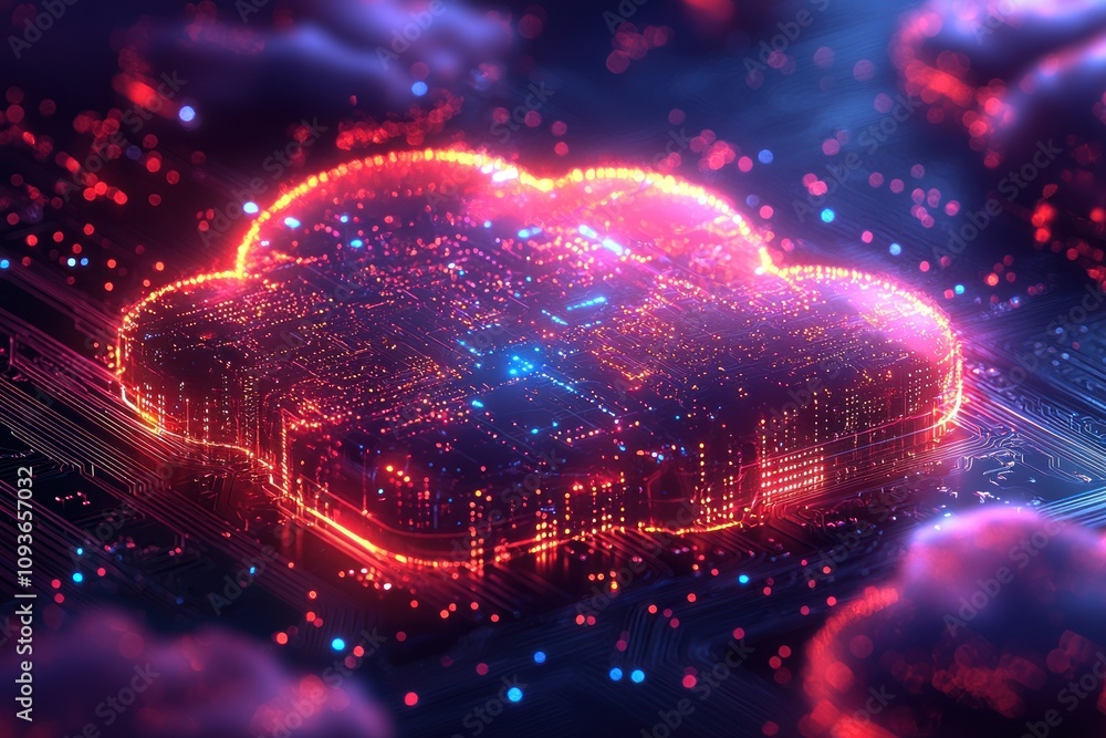 Poster glowing cloud symbol on a circuit board