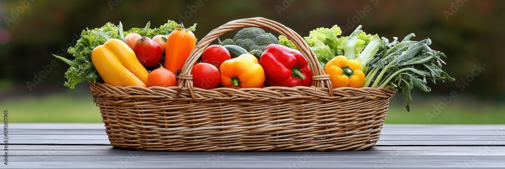 Poster A wicker basket brimming with an assortment of fresh vegetables showcases the bounty of a local garden on a bright afternoon. Generative AI