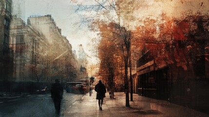 Urban street scene with silhouettes and autumn colors