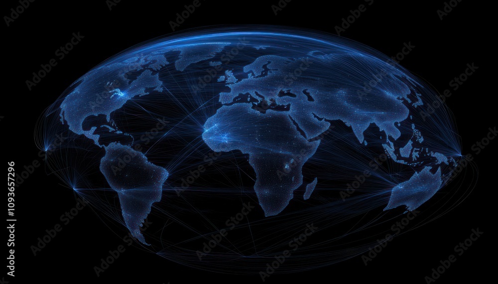 Poster a blue and black digital representation of earth with connecting lines