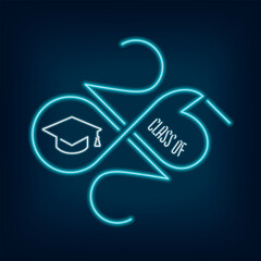 Class of 2025 Neon Sign Style Rhombus Logo with Numbers Making Mobius Loop Square Academic Graduation Cap Sign and Lettering - Turquoise on Dark Background - Gradient Graphic Design