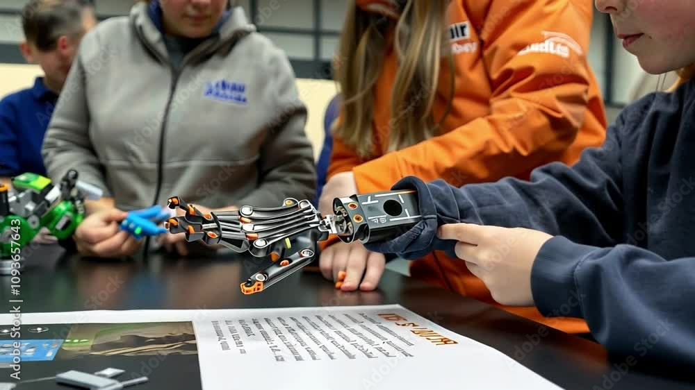 Leinwandbilder Participants engage in a hands-on workshop focused on robotics, working together to build and test a robotic arm prototype with various tools and components.