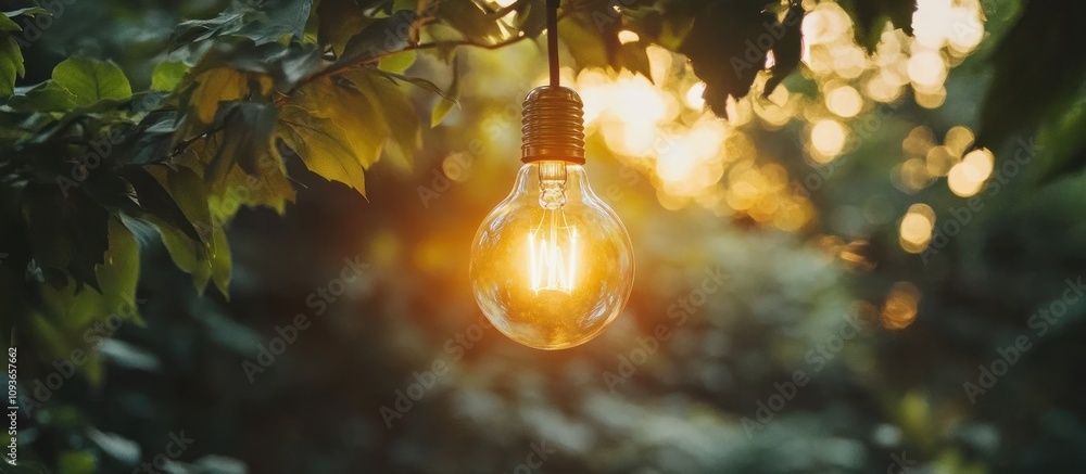 Poster glowing lightbulb hanging from a tree branch in a forest