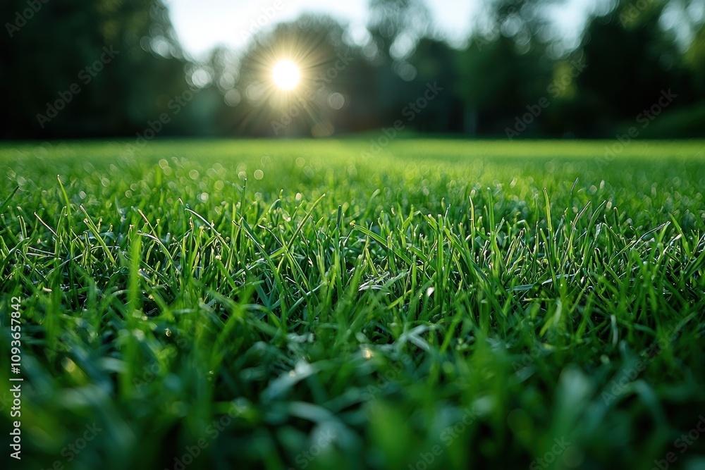Poster close-up of green grass blades with sun shining through trees in the background
