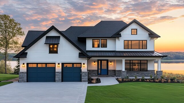 Modern farmhouse, white siding, blue garage doors, sunset view.