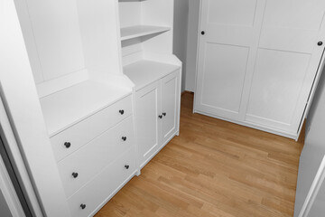 Empty shelves and drawers in modern wardrobe