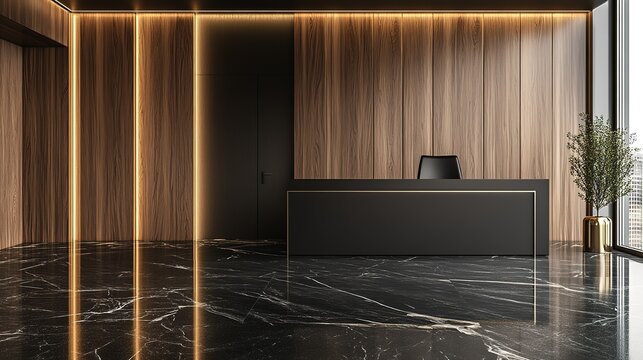 Modern office reception area with black marble floor, wooden wall, and black reception desk.