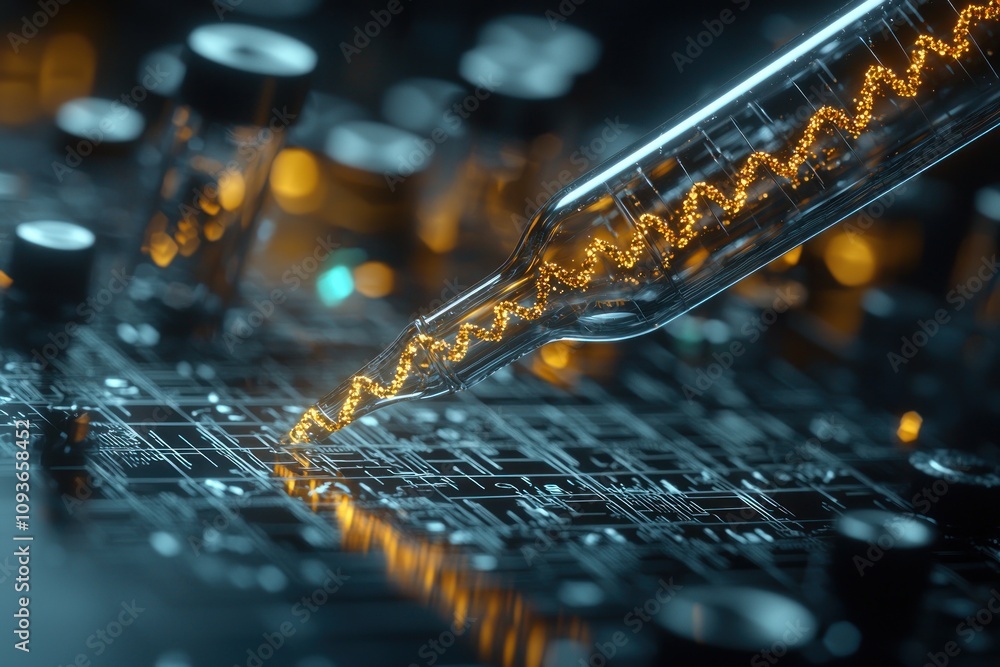 Poster a glass pipette filled with glowing particles on a circuit board