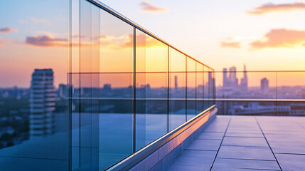 Close shot of a modern glass terrace railing, reflecting the city skyline.