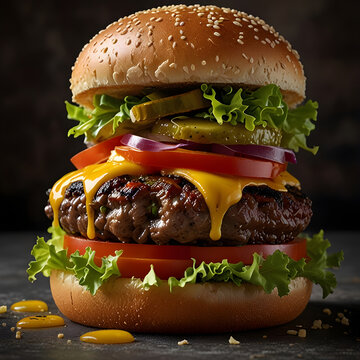 hamburger on a plate with chease and vegetables.