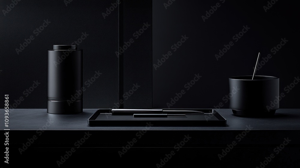 Poster black objects on a black surface with a black background