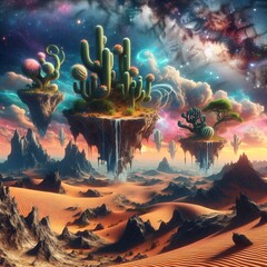 A desert landscape with floating islands covered in cacti and a starry sky, representing a fantastical scene.