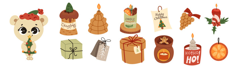 Christmas decorations set. Winter holiday elements, stuff bundle. Xmas ornaments, decor, fir wreath, festive tree, gift box, candles and bears. Flat vector illustrations isolated on white background