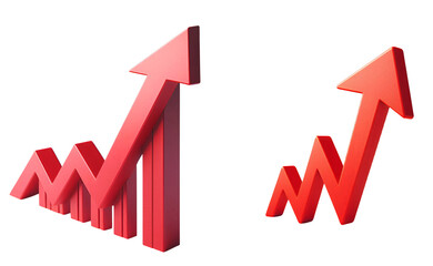 Two Red 3D Graphs Showing Upward Trends with Arrow Indicators isolated on transparent and white background.