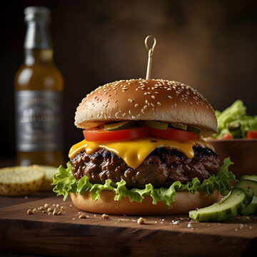 hamburger on a plate with chease and vegetables.