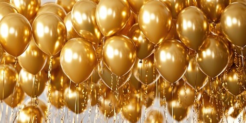 A Cluster of Shiny Golden Balloons with Ribbons