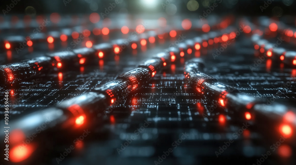 Aufkleber abstract network of glowing red lights on a dark surface representing technology and digital connect