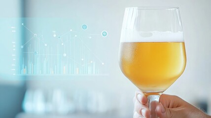 Refreshing craft beer in hand with data analytics hologram overlay