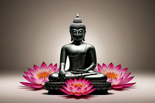 Serene Buddha Surrounded by Colorful Lotus in Soft Gradient for Spiritual Wellness and Mental Clarity