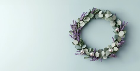 A decorative wreath featuring eucalyptus and lavender, adorned with silver ornaments, set against a light background, vintage handmade Christmas wreath.