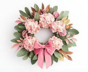 A decorative floral wreath with pink flowers and a burgundy bow, set against a soft pink wall for a charming aesthetic, vintage handmade Christmas wreath.