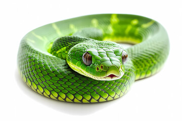 close up of coiled green snake on white background