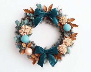 A decorative wreath featuring eucalyptus leaves, floral accents, and a pink ribbon, ideal for home decor or seasonal celebrations, vintage handmade Christmas wreath.