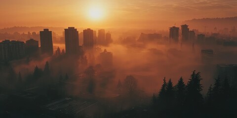 Fototapeta premium Cityscape at Dawn with Fog and Golden Light