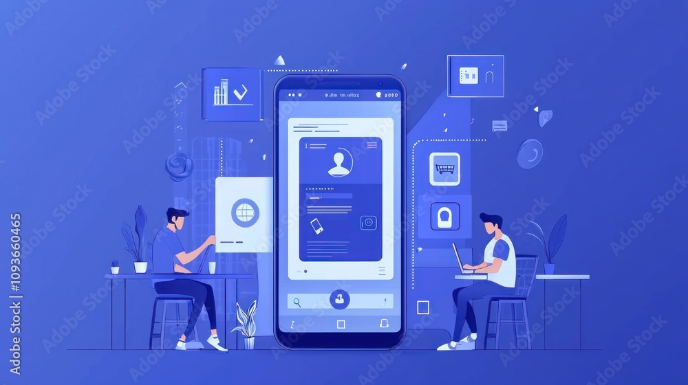 Poster two people using mobile devices with ui elements and icons