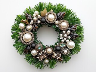 Delicate floral wreath adorned with pastel flowers, pearls, and sparkling accents, perfect for decor or celebrations, vintage handmade Christmas wreath.