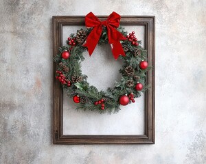 A festive wreath adorned with red and silver ornaments, bows, and greenery, hanging on a rustic white wooden background, vintage handmade Christmas wreath.