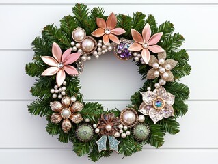 A beautifully crafted floral wreath featuring soft pink flowers and decorative elements, perfect for home decor, vintage handmade Christmas wreath.
