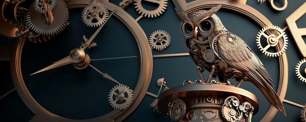 Fototapeta premium A stunning steampunk mechanical owl perched on a metallic pedestal with intricate gears, set against a deep green clockwork background.