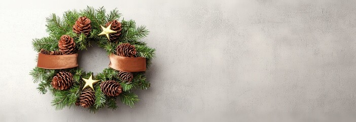 A festive wreath adorned with pinecones and a star, set against a textured background, ideal for holiday decoration themes, vintage handmade Christmas wreath.