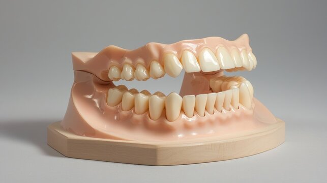 Plastic Denture Model with White Teeth on a Wooden Base