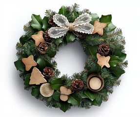 Christmas wreath with natural elements and decorations. Vintage handmade Christmas wreath.