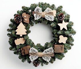 Christmas wreath with wooden decorations and pinecones. Vintage handmade Christmas wreath.