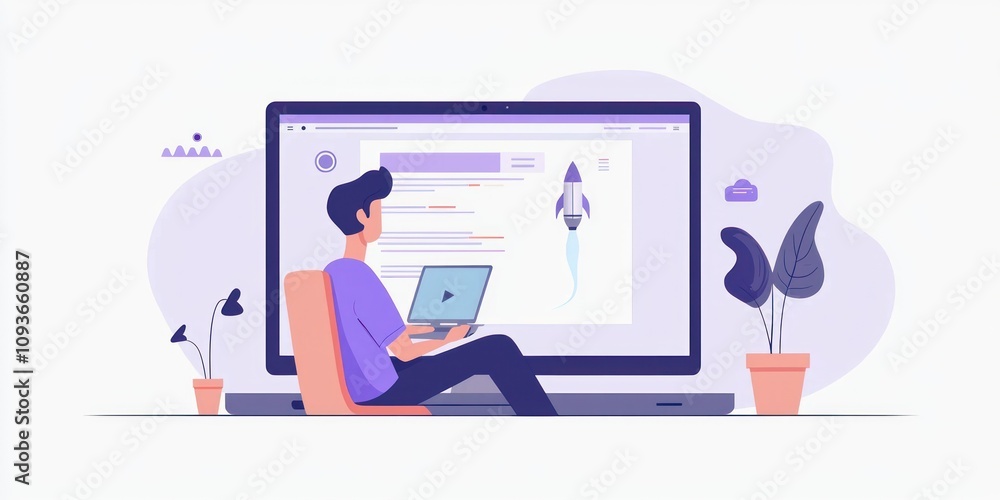Fototapete Man sitting in front of a computer with a rocket and code on the screen