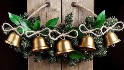 A red gift box with a bow is placed on a green wreath, set against a rustic wooden background, evoking a festive holiday atmosphere, vintage handmade Christmas wreath.
