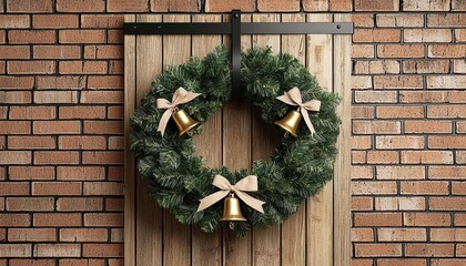 A festive Christmas wreath adorned with bells and a bow, resting against a rustic wooden background, vintage handmade Christmas wreath.