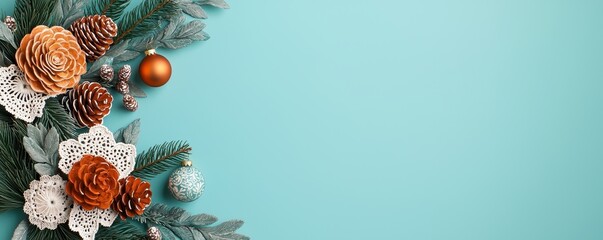 Festive arrangement of pine, cones, and ornaments on a teal background. Vintage handmade Christmas decoration.