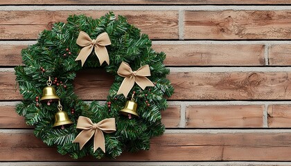 A festive Christmas wreath adorned with bells and ribbons, resting against a rustic wooden background, vintage handmade Christmas wreath, 
