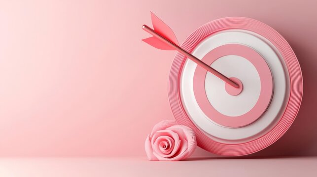 Target achievement concept with pink bullseye and rose studio setting minimalist style