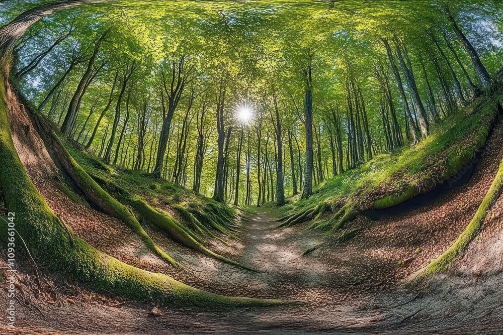 Poster a winding path through a lush green forest with sunlight filtering through the canopy.