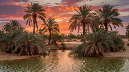 Fototapeta premium An oasis at sunset, palm trees above the water in the desert.