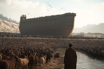 Animals of various species boarding Noah’s Ark during biblical times, depicting a scene of pairs of creatures entering the massive wooden vessel under a dramatic sky